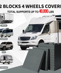Rock Solid Interlocking RV Leveling Blocks 12 Pack Adjustable Stackable Wheel Supports For Campers Travel Trailers Fifth Wheel No Sweat Setup Top Shelf Grey showcased with vehicle types and load support information.