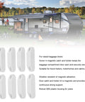 4 Pair Magnetic Baggage Door Catch And Holder Kit with white latches in front of RV trailer background, showcasing its travel use.