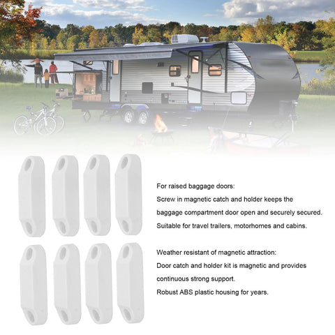 4 Pair Magnetic Baggage Door Catch And Holder Kit with white latches in front of RV trailer background, showcasing its travel use.