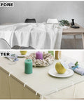Before and after using 48 Pack Clear Tablecloth Clips For Outdoor Picnics And Parties Keep Your Tablecloth Flat And Wrinkle Free No Slips Clips Hold Down Skirt Clip On Patio Tables Durable Plastic Clips For Event Use No Sweat, showing wrinkled vs. smooth tablecloth.