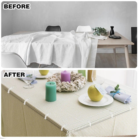 Before and after using 48 Pack Clear Tablecloth Clips For Outdoor Picnics And Parties Keep Your Tablecloth Flat And Wrinkle Free No Slips Clips Hold Down Skirt Clip On Patio Tables Durable Plastic Clips For Event Use No Sweat, showing wrinkled vs. smooth tablecloth.