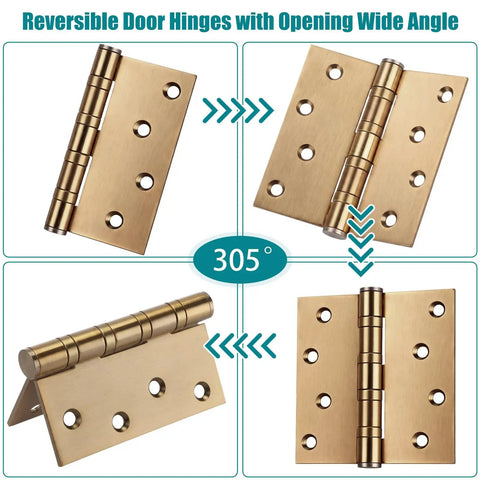 Four bronze door hinges showing 305-degree opening angle with square corners in a reversible design.