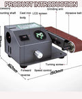 Heavy Duty Wet And Dry Bench Belt Sander With Adjustable Speed Multi-Angle Head, control panel and abrasive belt details