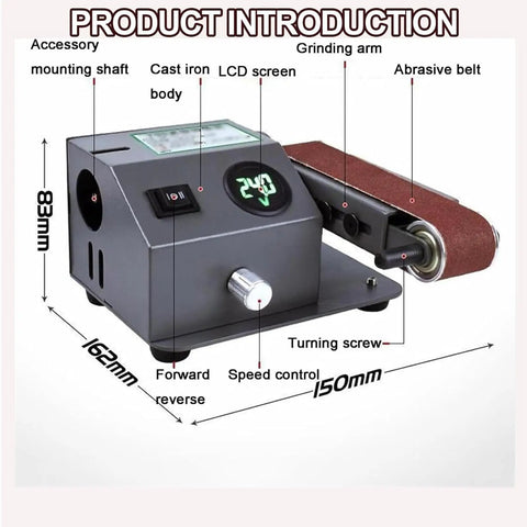 Heavy Duty Wet And Dry Bench Belt Sander With Adjustable Speed Multi-Angle Head, control panel and abrasive belt details