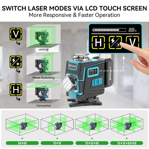 Switch laser modes on LCD of Laser Level With Tripod And Remote, 4x360 Degree Self Leveling Green Laser Leveler Tool, 16 Line Coverage