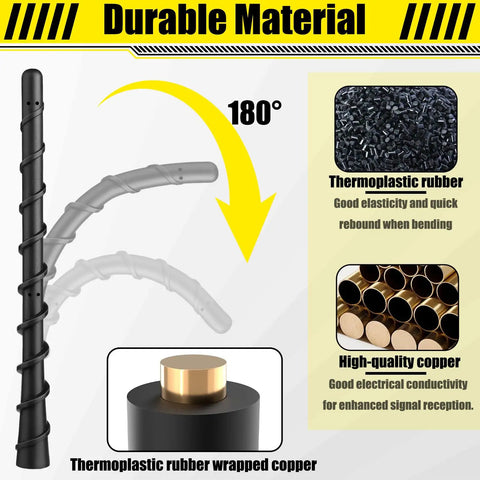 Black Spiral Bending Car Antenna showing durable thermoplastic rubber construction and copper core for AM FM radio.