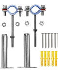 AKIHISA 2-pack 304 stainless steel pipe supports with wall/ceiling clamps and mounting hardware, front view.