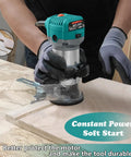Person using Beefy 6.5 Amp 1.25 HP Palm Router for woodworking with fixed base and quick depth adjust on plywood surface.