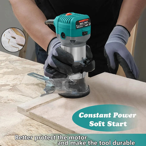 Person using Beefy 6.5 Amp 1.25 HP Palm Router for woodworking with fixed base and quick depth adjust on plywood surface.