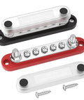Heavy Duty 150 Amp 12 Volt Bus Bar Snap On Cover Dope Power Distribution Block with studs in red, black, and silver.
