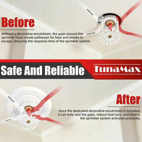 Image demonstrating before and after installation of Top Shelf Recessed Trim Rings For 1/2 Inch IPS Fire Sprinklers with decorative escutcheon.