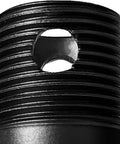 Close-up of the threaded end of the upgraded six inch black ceiling fan downrod with a hole, showcasing durable steel material.