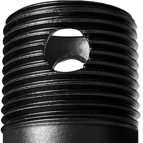 Close-up of the threaded end of the upgraded six inch black ceiling fan downrod with a hole, showcasing durable steel material.