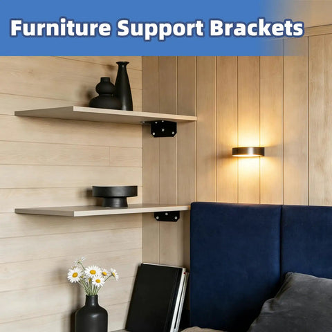 Heavy Duty 4X2 Steel L Brackets With 300 Pound Load Rating support wooden shelves, showcasing black steel connectors in a modern decor.