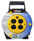 Front view of the Light Duty Extension Cord Reel With Four Grounded Outlets And A Twelve Amp Circuit Breaker, durable plastic case.