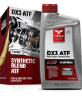 Bottle of Dx3 ATF Transmission Fluid For GM Dexron III And Ford Mercon Applications, 1 Quart, next to product box.