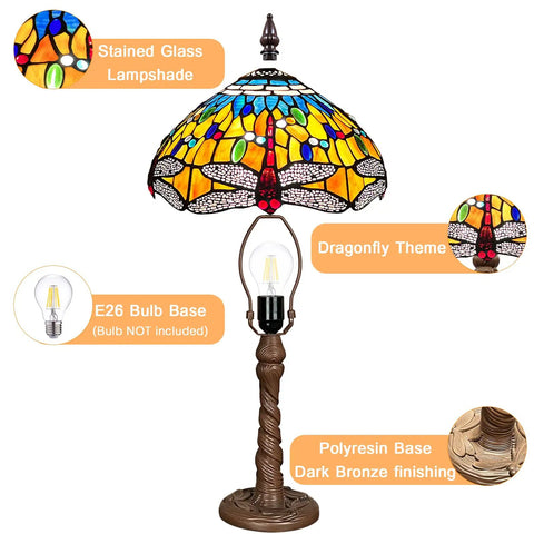 Grapefruit Orange Dragonfly Tiffany Style Table Lamp For Small Spaces Reading Desk Light 12 Inch Shade And 20 Inch Tall Handcrafted Resin Base