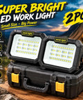 Solar Work Light, 38 LED Powerful Portable Flood Light, 4 Lighting Modes, Multi Color Light Effects, Strong Magnetic Base, Solar & USB Dual Charging. Emergency and Outdoor Activities Day & Night, shown in an outdoor setting, featuring two bright flood lights in a portable case.