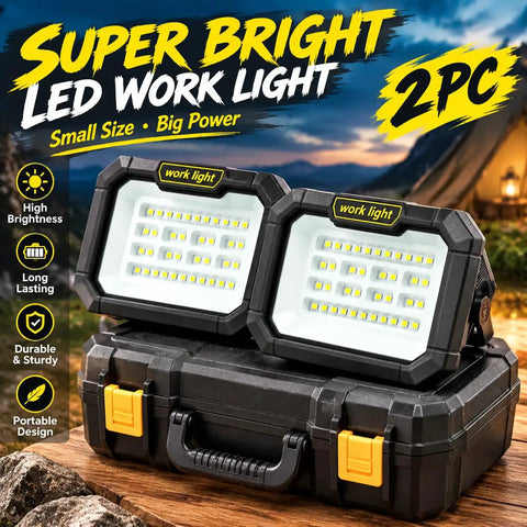 Solar Work Light, 38 LED Powerful Portable Flood Light, 4 Lighting Modes, Multi Color Light Effects, Strong Magnetic Base, Solar & USB Dual Charging. Emergency and Outdoor Activities Day & Night, shown in an outdoor setting, featuring two bright flood lights in a portable case.