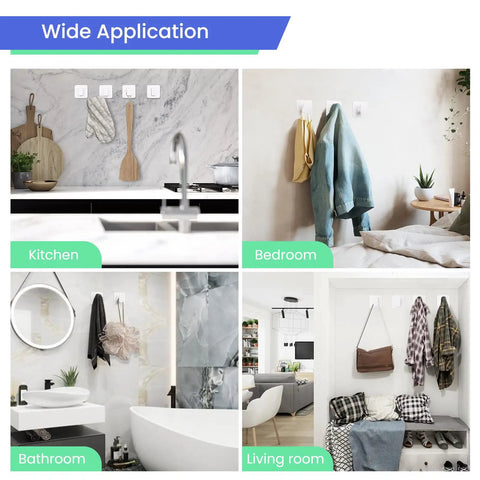 Heavy Duty Adhesive Wall Hooks That Hold Like A Champ in various room settings for practical use and organization.