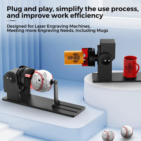 Beefy Rotary Roller Engraver For Wood Projects, Y Axis Rotary Capability, High Torque NEMA 23 Stepper on display with baseball and mug.