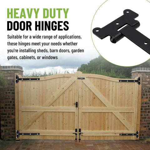 Top Shelf Heavy Duty 24 Inch Gate Hinges 4 Pack, Black Powder Coated Steel Built Hella Tough, Rust Resistant With All Mounting Hardware For A Smooth Swing on a wooden gate.