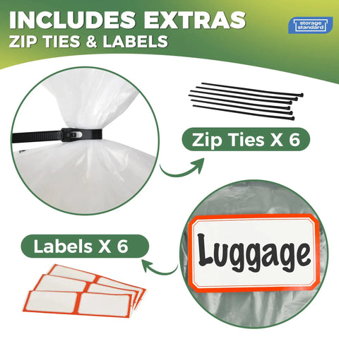 Big Clear Storage Bags Six Pack Extra Large 40 By 60 Inches Waterproof See Through Plastic Bags With Zip Ties and Labels