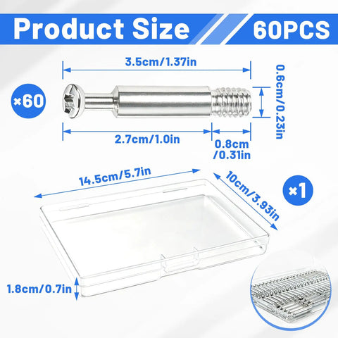 Diagram showing size of 60 Pack 35mm Furniture Connecting Fittings With 6mm Thread Cam Lock Fasteners, measuring details and packaging.