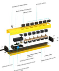 Exploded view of Beefy Heavy Duty Metal Power Strip With Six Outlets And Two USB Ports Up To 3.4A, 1200J Surge Protector, 14AWG cord.