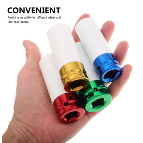 Hot Ride Ready 4 Piece Lug Nut Impact Socket Set With Non-Marring Wheel Rim Protector Sleeves For Tough Tire Changes And Wheel Repair Jobs On Any Car, 4 colorful sockets in hand
