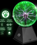 7 Inch Green Plasma Ball Touch Sensitive Nebula Thunder Lightning Globe Plug In For Parties Science Decor Props Lit Neon Glow Ball For Kids Bedroom And Home on display, showing vibrant green lightning inside glass sphere.