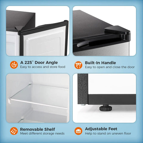Top Tier Upright Mini Freezer With 3.0 Cubic Foot Storage And Brushed Stainless Steel Build with 225° door angle and removable shelf.
