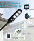 60W Solar Street Light Outdoor With 6000 Lumens LED Flood Brightness mounted on a wall, features highlighted around it