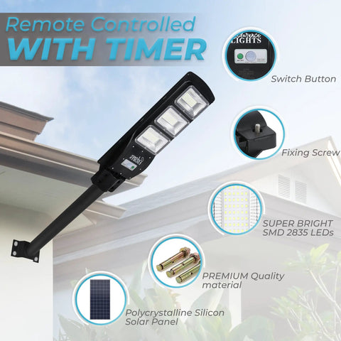 60W Solar Street Light Outdoor With 6000 Lumens LED Flood Brightness mounted on a wall, features highlighted around it