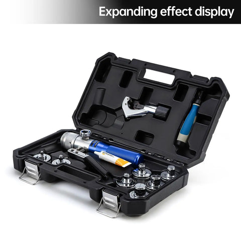 Portable Hydraulic Swaging Tool Kit For Copper Tubing Expands 3/8 To 1 1/8 Inch, aluminum alloy, displayed open in case