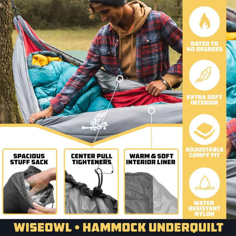 Man setting up Ultralight Hammock Underquilt Insulated Camping Quilt For Warm Sleep Under Your Hammock Water Resistant Packable And Durable Fit For Most Hammocks Cozy Nights Outdoors