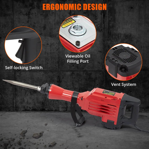 Solid Build Heavy Duty Electric Jack Hammer Concrete Breaker Demolition Rig with ergonomic self-locking switch and viewable oil filling port.