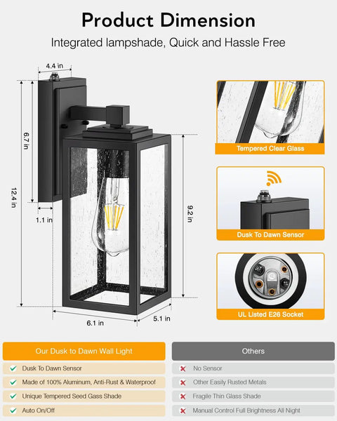 Product dimensions of Two Pack Dusk-To-Dawn Sensor Outdoor Wall Light Fixtures, featuring aluminum frame and tempered seeded glass.