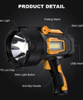 Rechargeable Spotlight 2,000,000 Lumens, Crazy Bright LED Flashlight For Outdoor Adventures, COB Light, Foldable Tripod, USB details