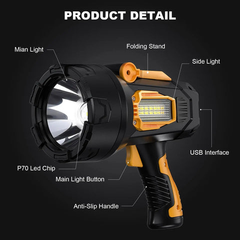 Rechargeable Spotlight 2,000,000 Lumens, Crazy Bright LED Flashlight For Outdoor Adventures, COB Light, Foldable Tripod, USB details