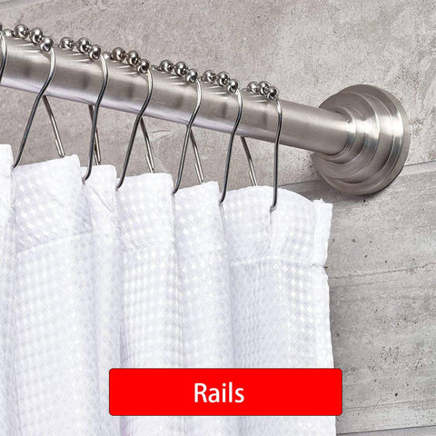 Metal shower curtain rail with white curtains in a bathroom setting