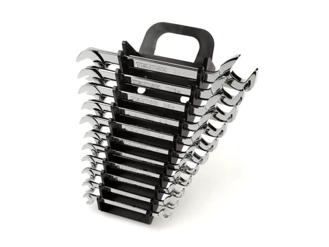 Angle Head Open End Wrench Set With Holder, 11 Piece, Sizes One Quarter To Three Quarter Inch, Durable Chrome Vanadium Steel
