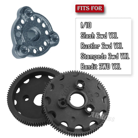 Beefed Up 90T 48P Spur Gear Kit With 17T 19T 21T Pinions And Slipper Clutch Upgrade For One Tenth Slash Rustler Stampede Bandit 2WD VXL RC Trucks Titanium Finish Built For Tough Durability And Smooth Shifts, showing two black gears and fitment chart
