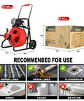 Auto-Feed Electric Drain Snake Auger With 1800RPM Foot Pedal, 100FT X 1/2 Heavy Duty Cable, full view with dimensions.