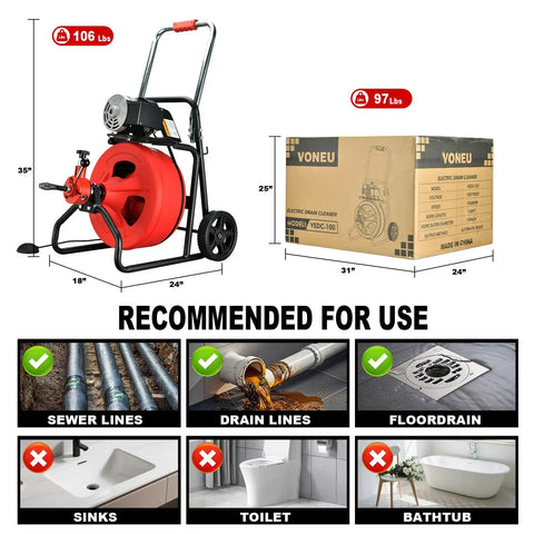 Auto-Feed Electric Drain Snake Auger With 1800RPM Foot Pedal, 100FT X 1/2 Heavy Duty Cable, full view with dimensions.