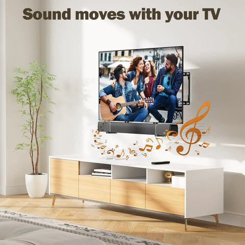 Totally Locks In Soundbar Mount And TV Bracket Holds Up To 20 Lbs Universal Fit installed below TV in modern living room.