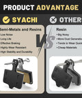 Comparison of SYACHI semi-metals and resins disc brake pads showing advantages for four set universal disc brake pads for MTB and road bikes semi metallic low noise pads for e bikes and everyday rides quiet braking with durable resin for long lasting stopping power