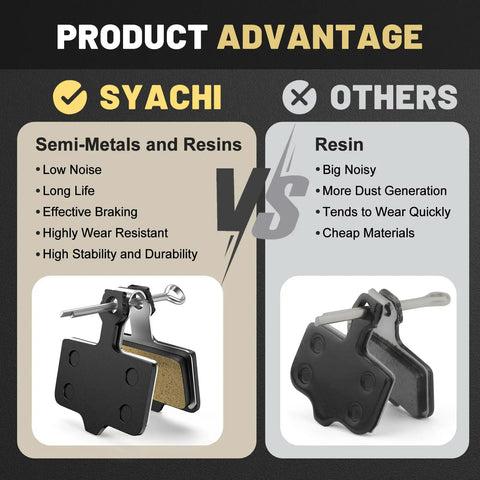 Comparison of SYACHI semi-metals and resins disc brake pads showing advantages for four set universal disc brake pads for MTB and road bikes semi metallic low noise pads for e bikes and everyday rides quiet braking with durable resin for long lasting stopping power