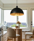 Black Dome Pendant Light With Dope Gold Leaf Interior, 20 Inch Industrial Chandelier in dining room over round table