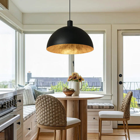 Black Dome Pendant Light With Dope Gold Leaf Interior, 20 Inch Industrial Chandelier in dining room over round table